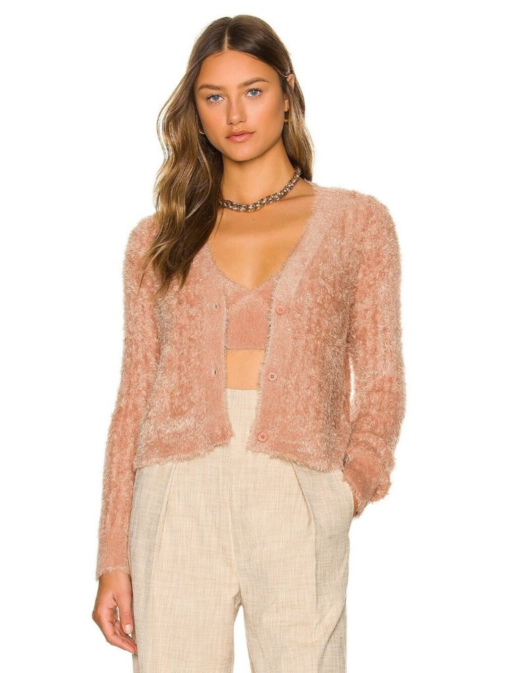 JONATHAN SIMKHAI Maya Cropped Cardigan in Chai